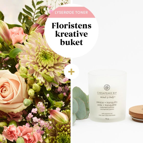 Floristens kreative buket i lyserøde nuancer med duftlys